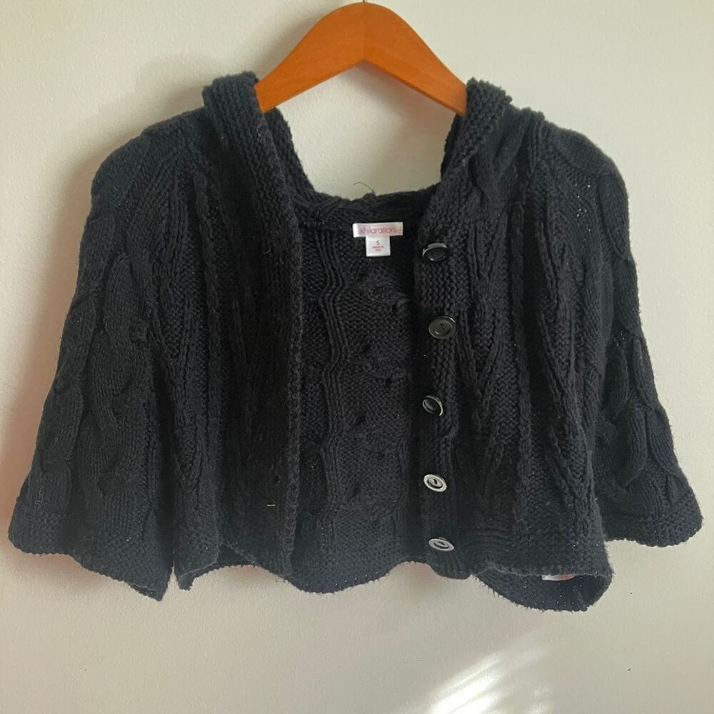 Black Whimsigoth Cropped Cable Knit Hoodie Shrug